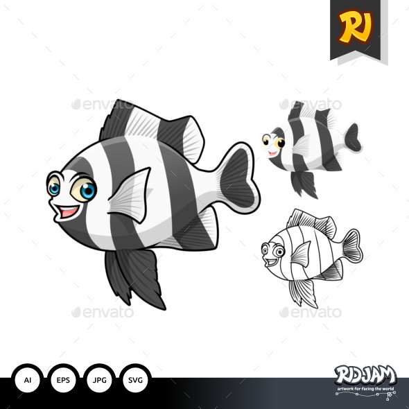 Four Stripe Damselfish Cartoon Character - Animals Characters