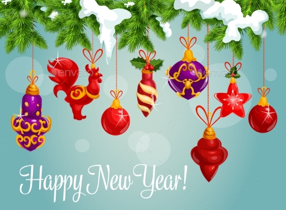 Holiday Bauble Balls on Pine Branch - New Year Seasons/Holidays