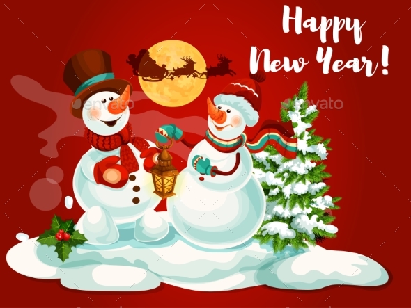 Snowman with Lantern Greeting Card - New Year Seasons/Holidays