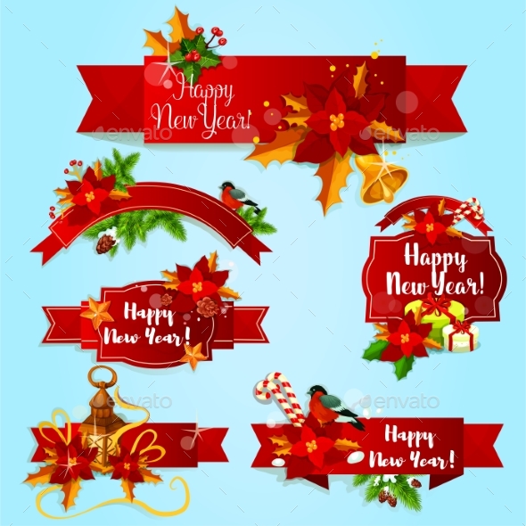 New Year Holiday Red Ribbons and Labels - New Year Seasons/Holidays