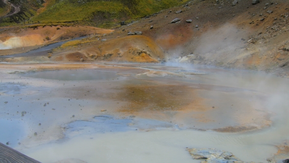 Panorama of Geothermal Area Krysuvik in Iceland with Bright Blue Hot Mud, White Steam Is Over Area