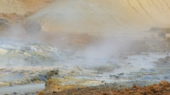 Shot of Stream with Hot Water Between Colored Ground in Geothermal Area Seltun, Krysuvik