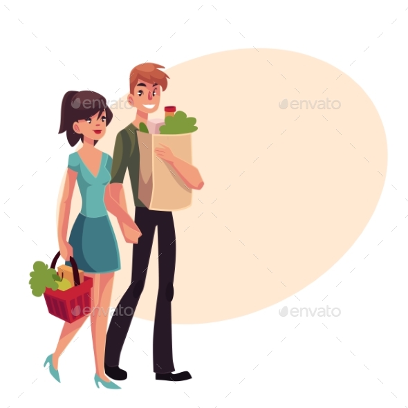 Young Couple Buying Food at Grocery Store - People Characters