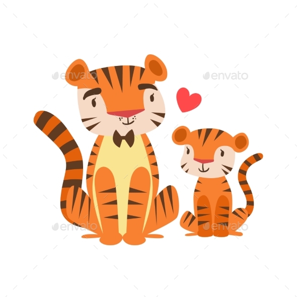 Tiger Dad In Bow Tie Animal Parent And Its Baby - Illustrations Graphics
