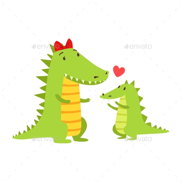Crocodile Mom With Red Bow Animal Parent And Its - Illustrations Graphics