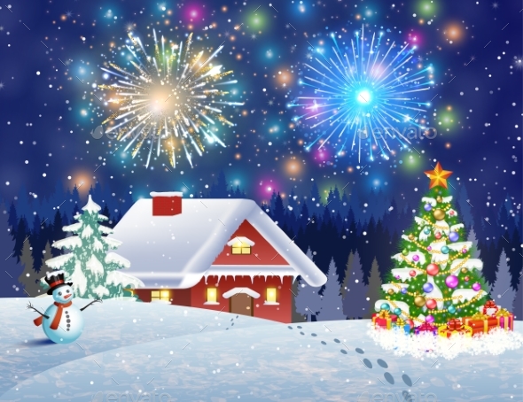 House in Snowy Christmas Landscape at Night - Christmas Seasons/Holidays