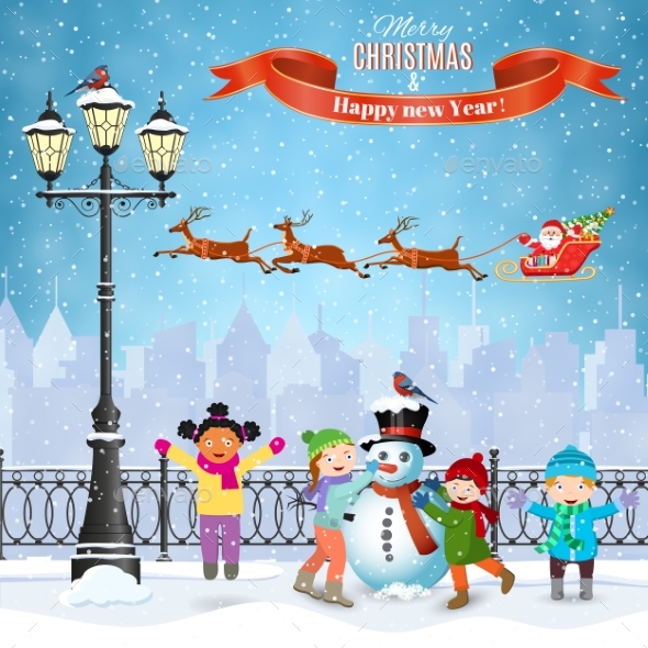 Christmas Postcard with Vintage Street - Christmas Seasons/Holidays