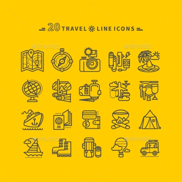 Set of Black Travel Icons on Yellow Background - Travel Conceptual