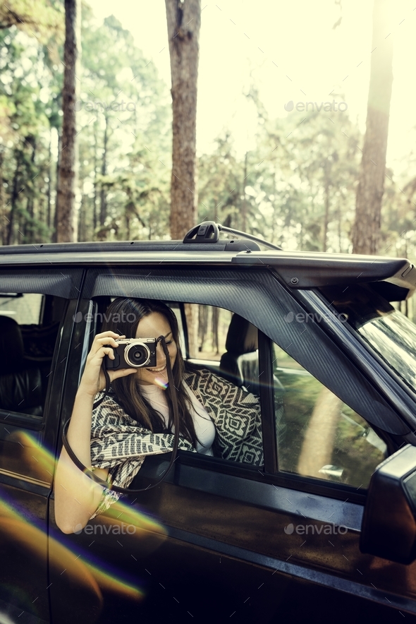 Photographer Camera Woman Shooting Car Vehicle Concept - Stock Photo - Images