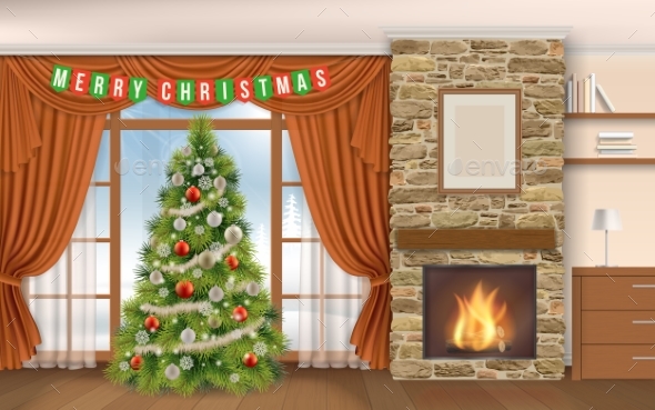 Living Room with Fireplace Cristmas Tree - Christmas Seasons/Holidays