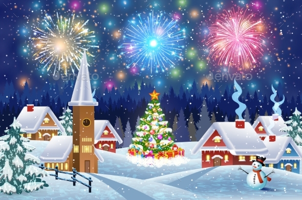 House in Snowy Christmas Landscape at Night - Christmas Seasons/Holidays