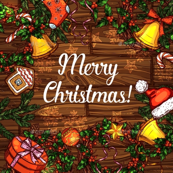 Christmas Card of Holly Wreath on Wood Background - Christmas Seasons/Holidays