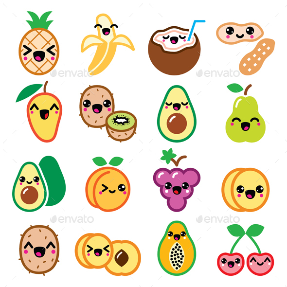 Kawaii Fruit and Nuts Character Icons Set - Food Objects
