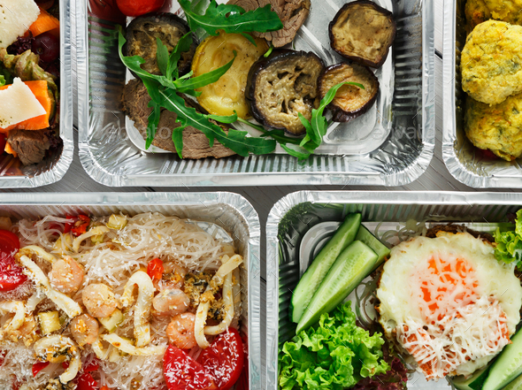Healthy food take away, top view at wood background - Stock Photo - Images
