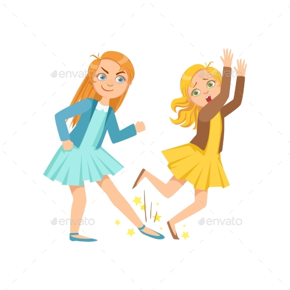Girl Tripping Smaller Kid Teenage Bully - Illustrations Graphics