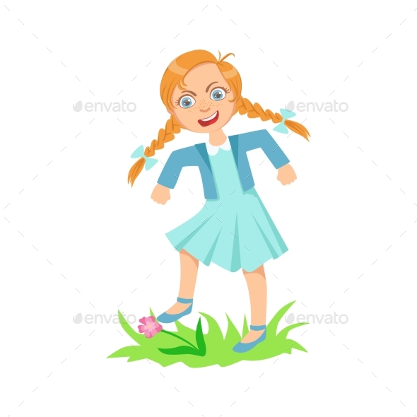 Girl Walking On Lawn Grass Breaking Flowers - Illustrations Graphics