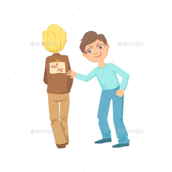 Boy Pinning Joke Poster On Another Kids Back - Illustrations Graphics