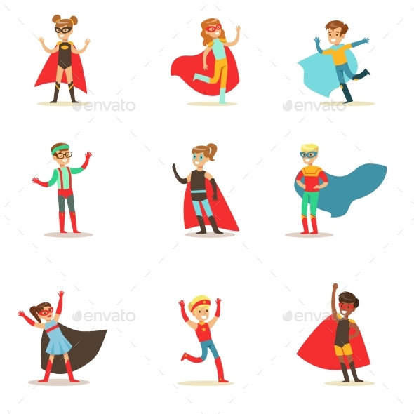 Children Pretending To Have Super Powers Dressed - Illustrations Graphics