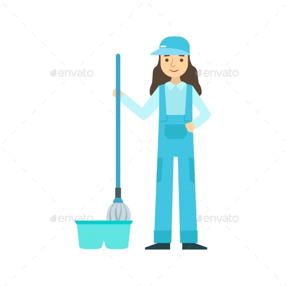 Girl With Mop Washing The Floor, Cleaning Service - Illustrations Graphics