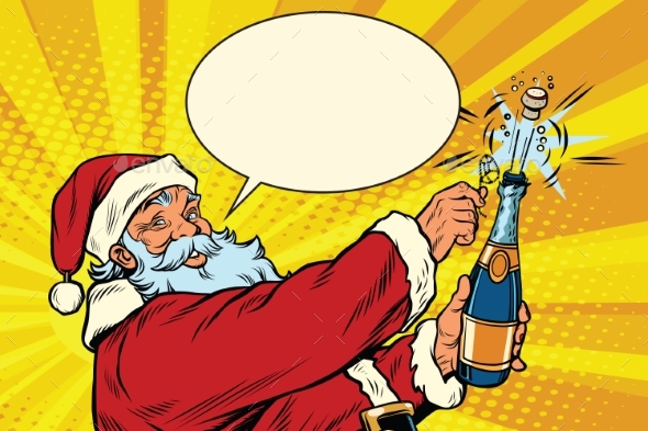 Santa Claus Opens a Bottle of Champagne - Christmas Seasons/Holidays
