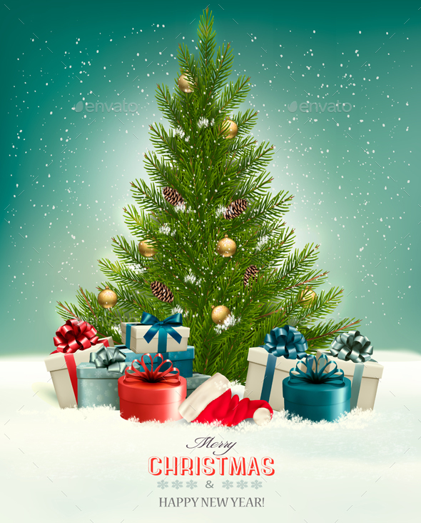 Holiday Background with a Christmas Tree and Presents - Christmas Seasons/Holidays