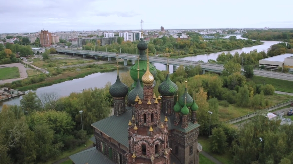 Aerial Shot Yaroslavl and Church of St. John the Baptist. Golden Ring of Russia alt