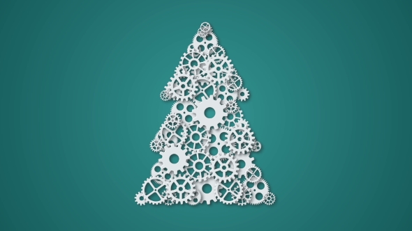 Animation Modern Concept Christmas Tree and Mechanism Gears Rotation Background - Invitation of Xmas alt