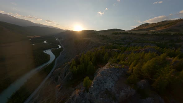 FPV Sports Drone Shot Cliff Peak Stone Texture Trees Grass at Evening Dark Sunset Mountain Valley alt