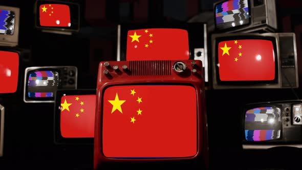 National Flag of China on Retro TVs. 4K.