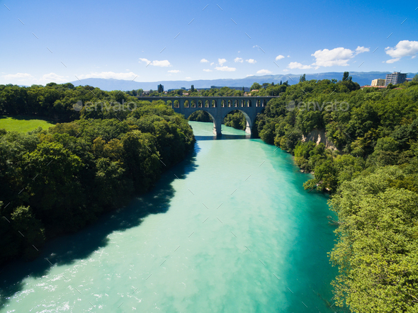 Aerial view of Arve an Rhone river confluent in  Geneva Switzerl - Stock Photo - Images