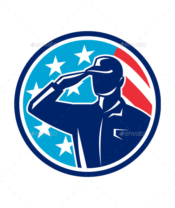American Soldier Serviceman Saluting Flag Circle Retro - People Characters
