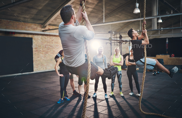 Men climbing thick rope during fitness exercises - Stock Photo - Images