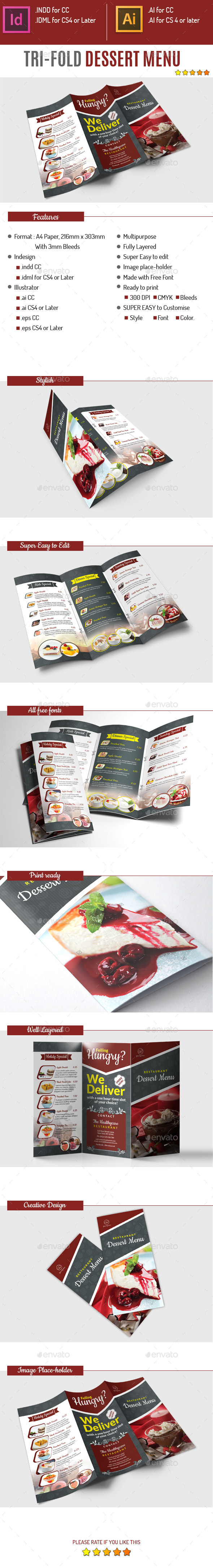 Tri-fold Dessert Menu - Food Menus Print Templates