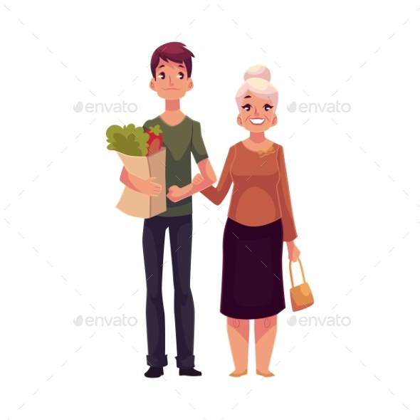 Young Man Helping Grandmother with Shopping - People Characters