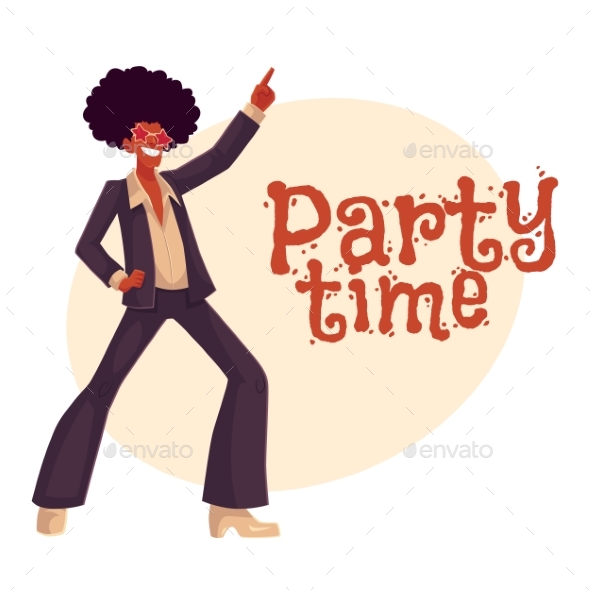 Man in Afro Wig and 1970s Style Clothes Dancing - Backgrounds Decorative