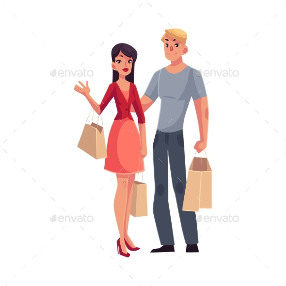 Couple of Young Man and Woman with Shopping Bags - People Characters