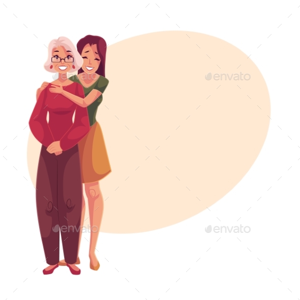Young Beautiful Granddaughter Hugging Grandmother - People Characters
