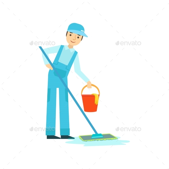 Man With Mop And Bucket Washing The Floor - Illustrations Graphics