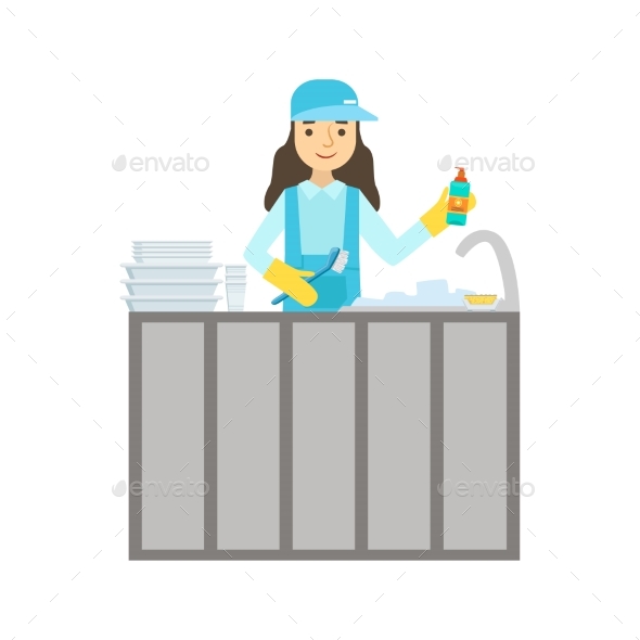 Girl Washing Dishes In The Tap, Cleaning Service - Illustrations Graphics