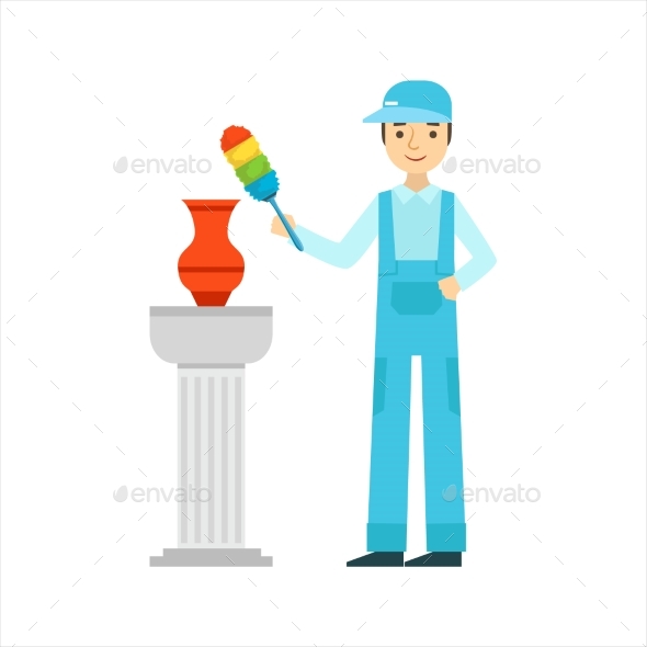 Man Dusting Antique Vase With Dust Brush, Cleaning - Illustrations Graphics