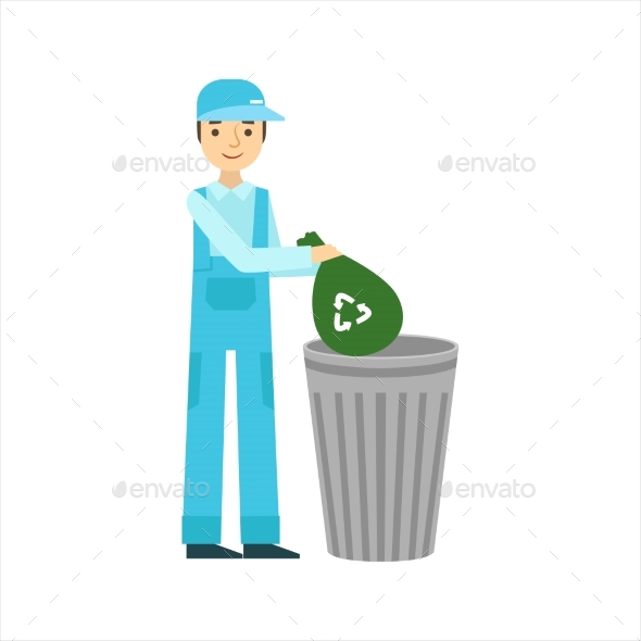 Man Throwing Garbage In Recycle Bin, Cleaning - Illustrations Graphics