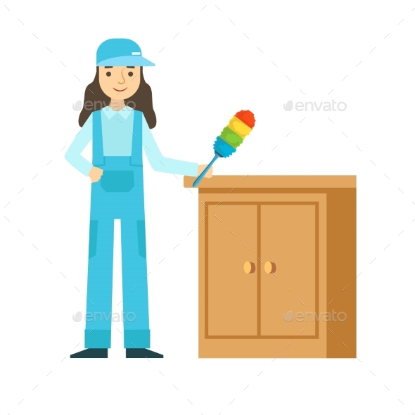Woman Dusting The Furniture, Cleaning Service - Illustrations Graphics