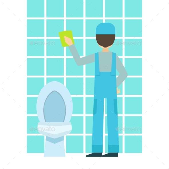Man Washing Tiles In Bathroom, Cleaning Service - Illustrations Graphics