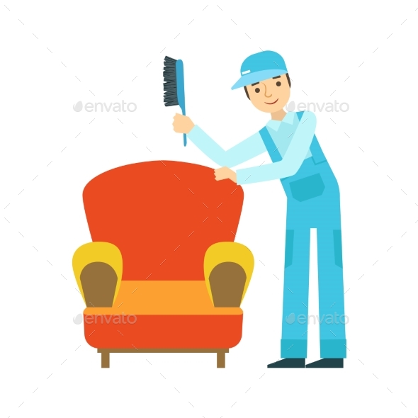 Man Dusting Armchair With Brush, Cleaning Service - Illustrations Graphics