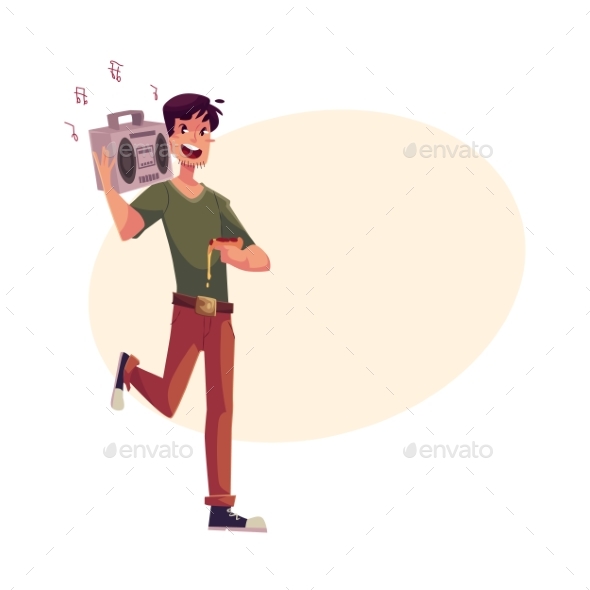 Young Man Dancing at Party with Tape Recorder on - People Characters