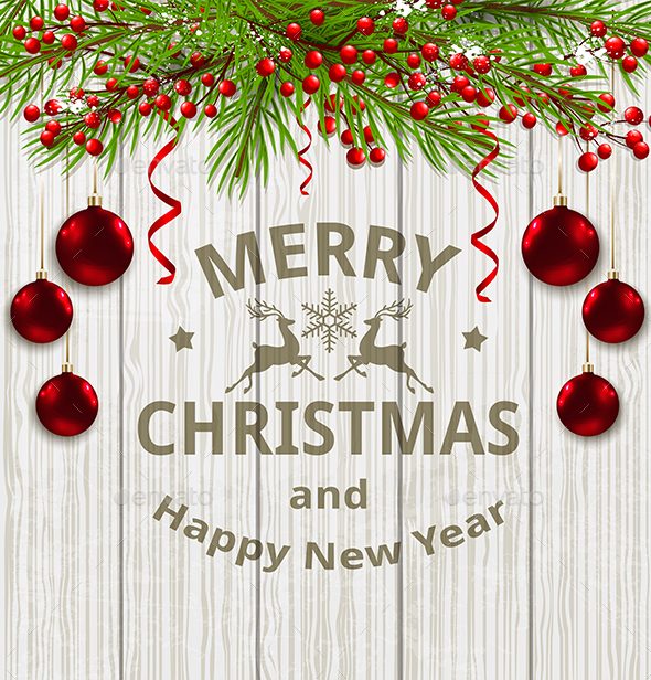Green Fir Branch and Red Decorations - Christmas Seasons/Holidays
