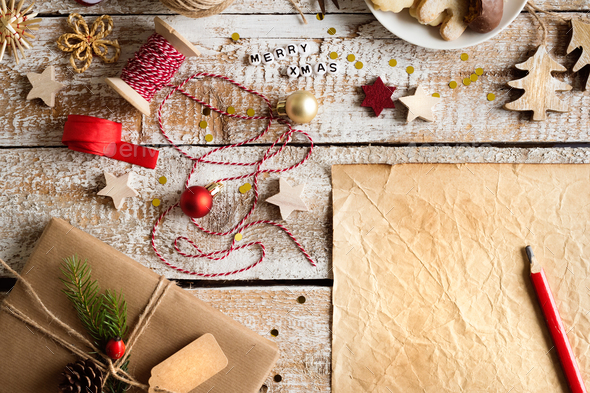 Christmas composition, studio shot, wooden background.Copy space - Stock Photo - Images