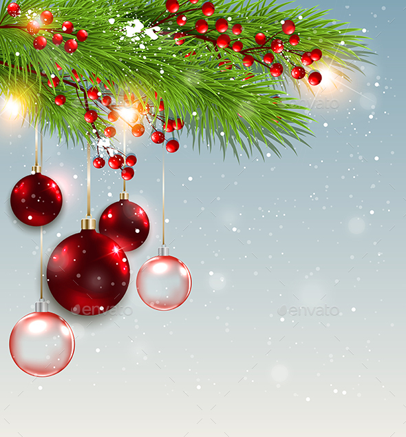 Green Fir Branch and Red Decorations - Christmas Seasons/Holidays