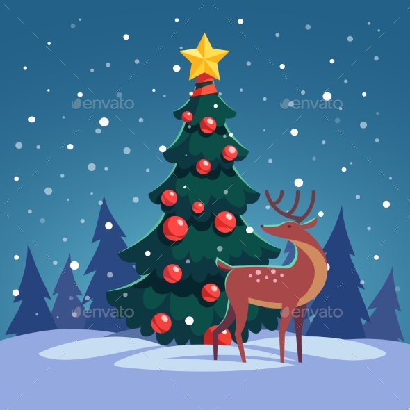 Christmas Tree with Wild Reindeer in the Forest - Christmas Seasons/Holidays