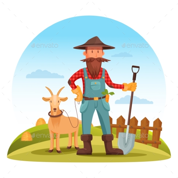Farmer Man with Spade and Goat on Field - People Characters